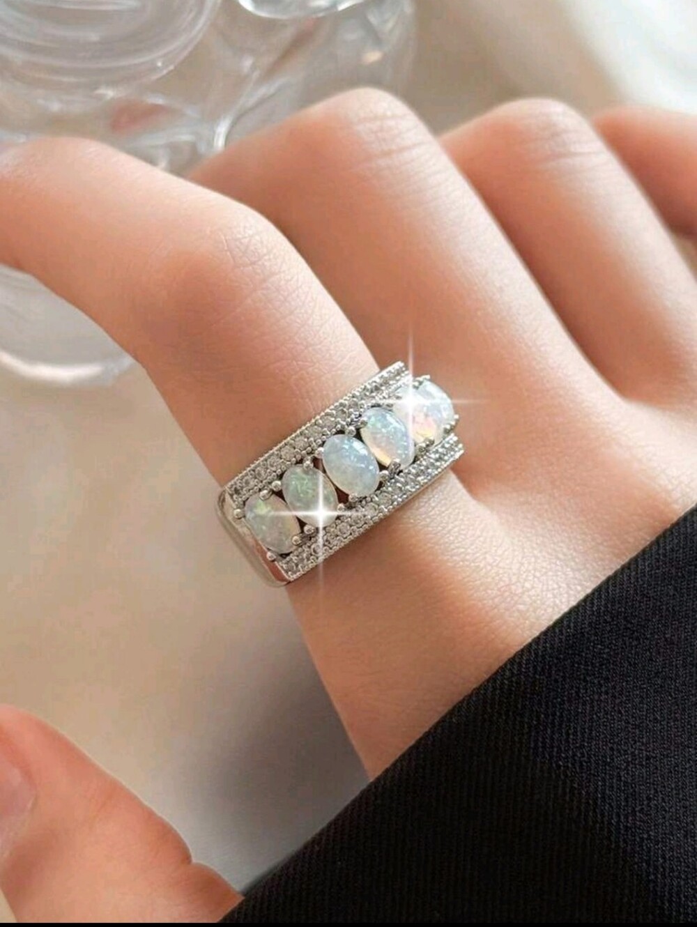 BRAND NEW ** White Opal and Silver Crystal Band Ring